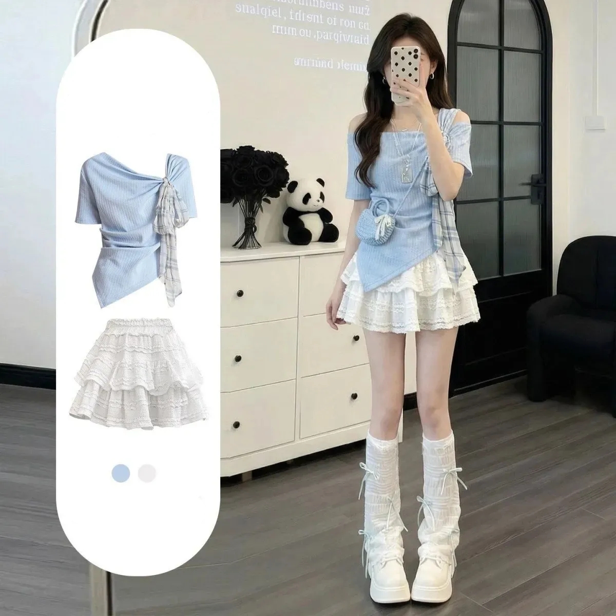 Tee Ball Set - Women's Korean Summer Sweet Blue T-Shirts