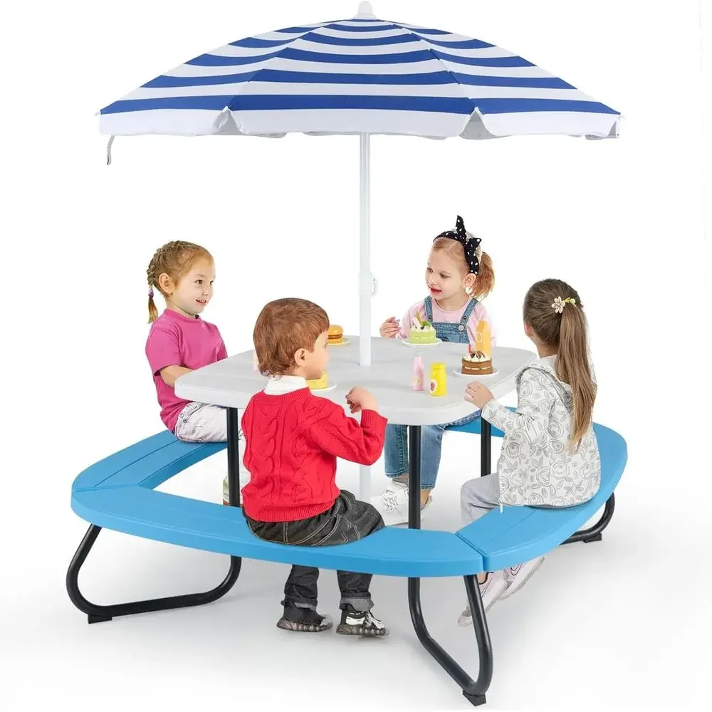 Kids Outdoor Umbrella - 8-Person Kids Picnic Table with Umbrella,