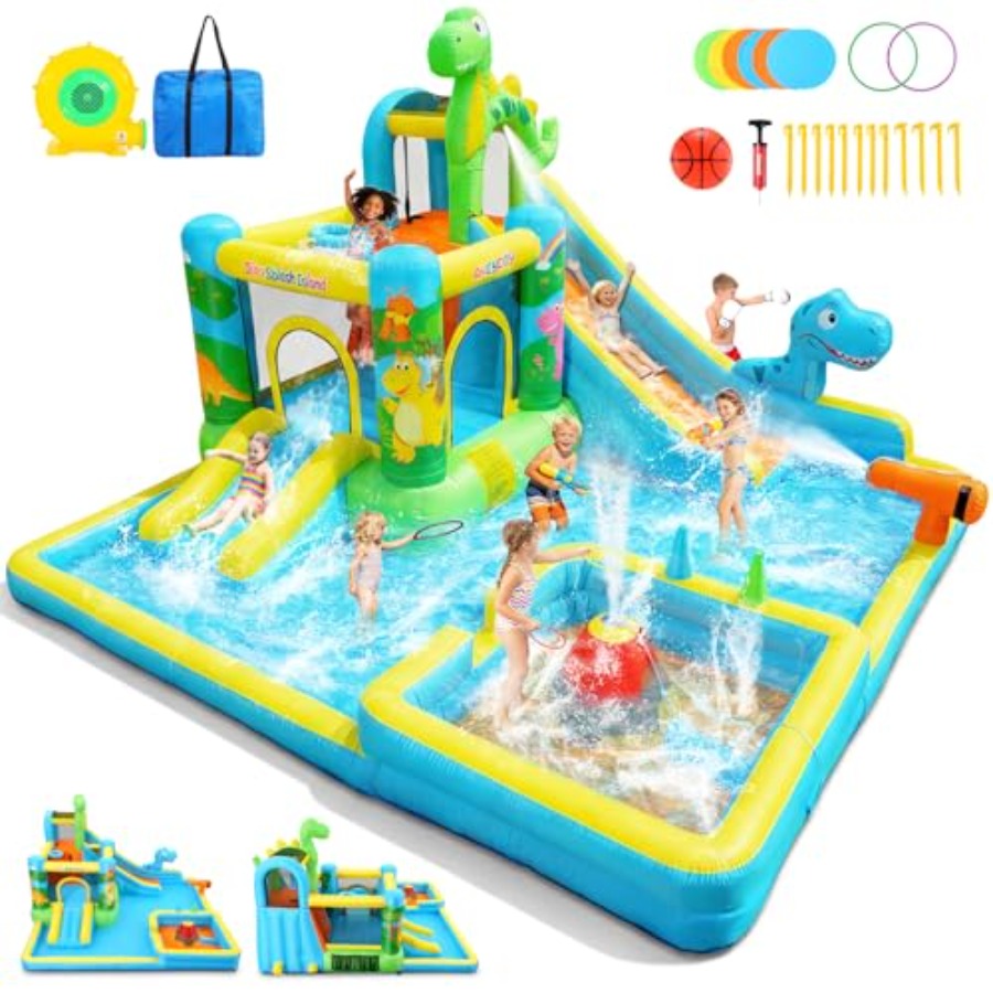 Kids Outdoor House - Outdoor backyard inflatable water slide: dinosaur-themed