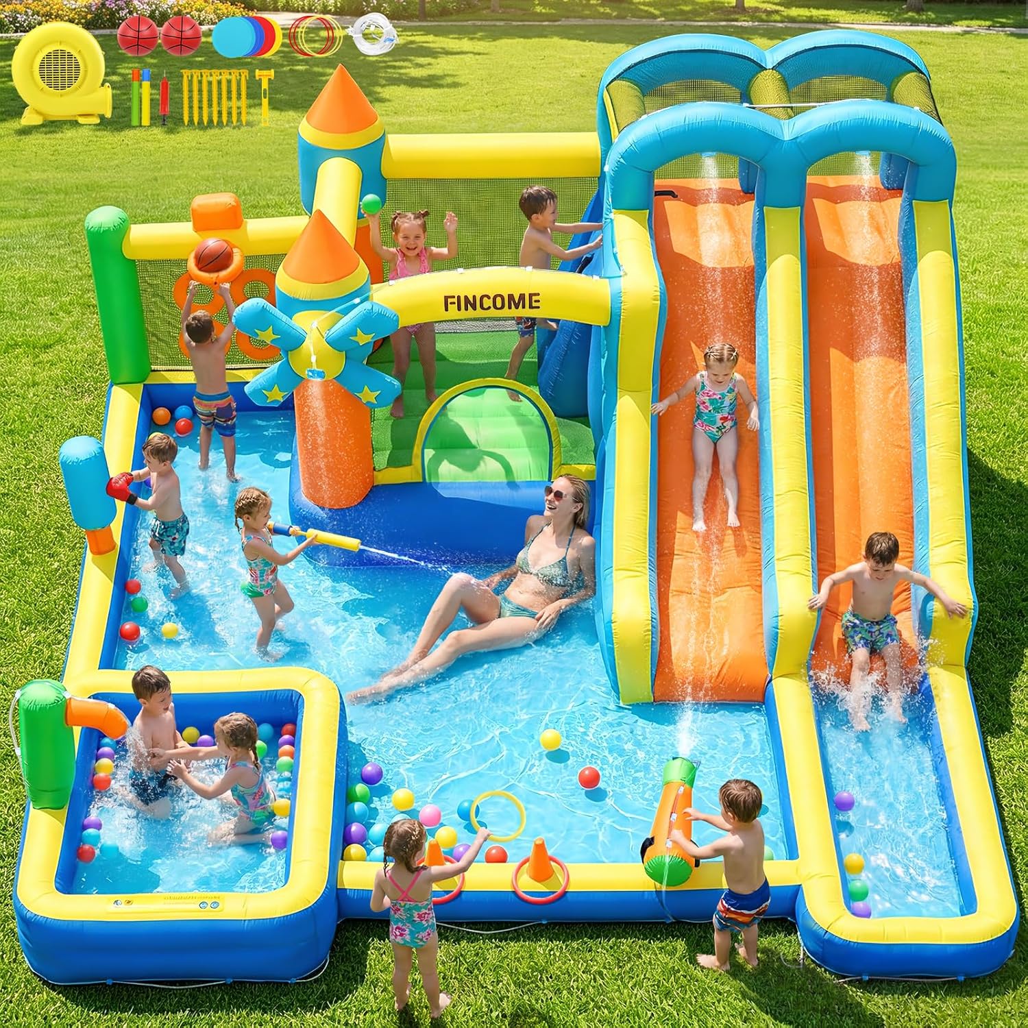 Kids Outdoor Water Sprinkler - 10-in-1 Inflatable Bouncy Castle with Dual