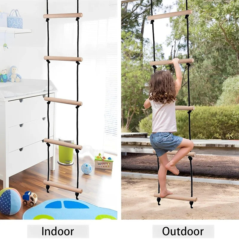 Kids Outdoor Swing Set - Children Climbing Rope Ladder Wooden Swing
